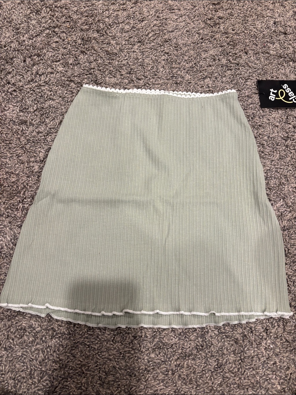 art class Sage Green Ribbed Mini Skirt with White Trim